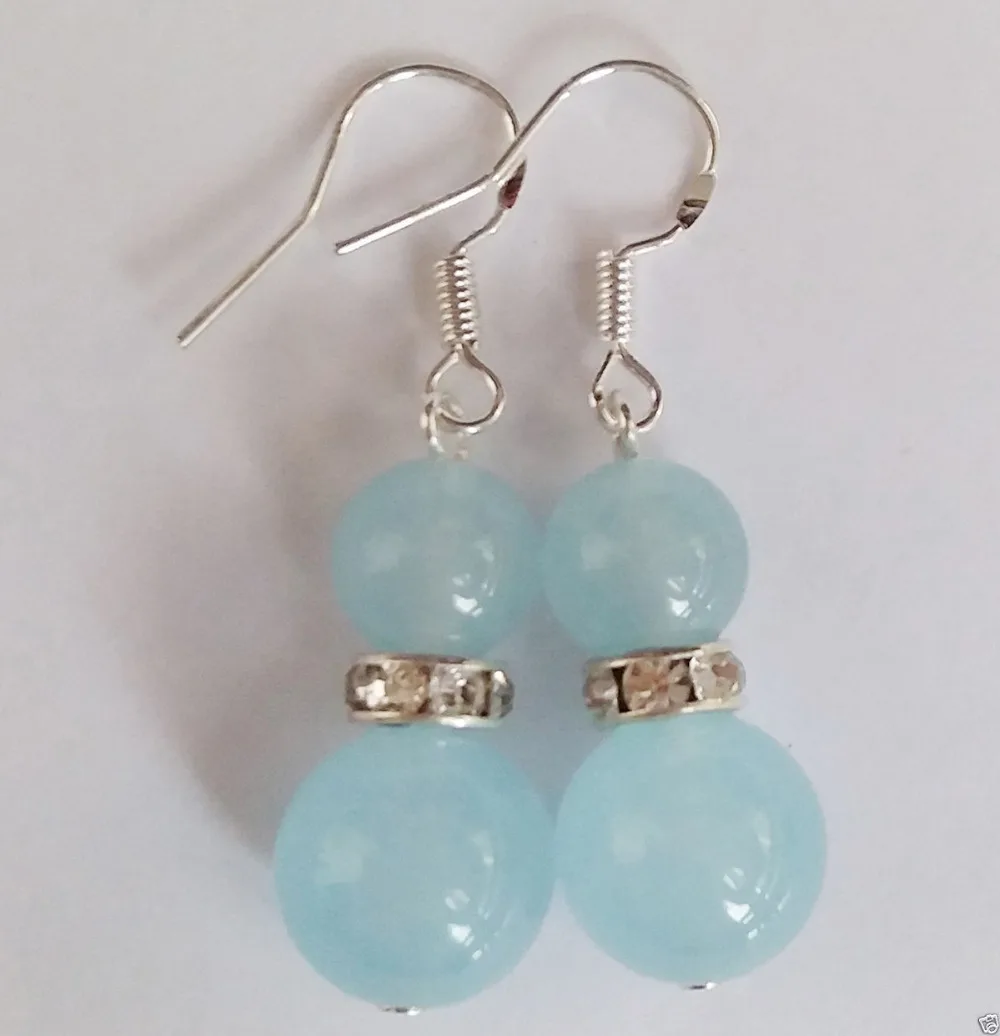 

Free Shipping >> 8-10mm light blue Gem sto nes Round Beads Silver Hook Earrings