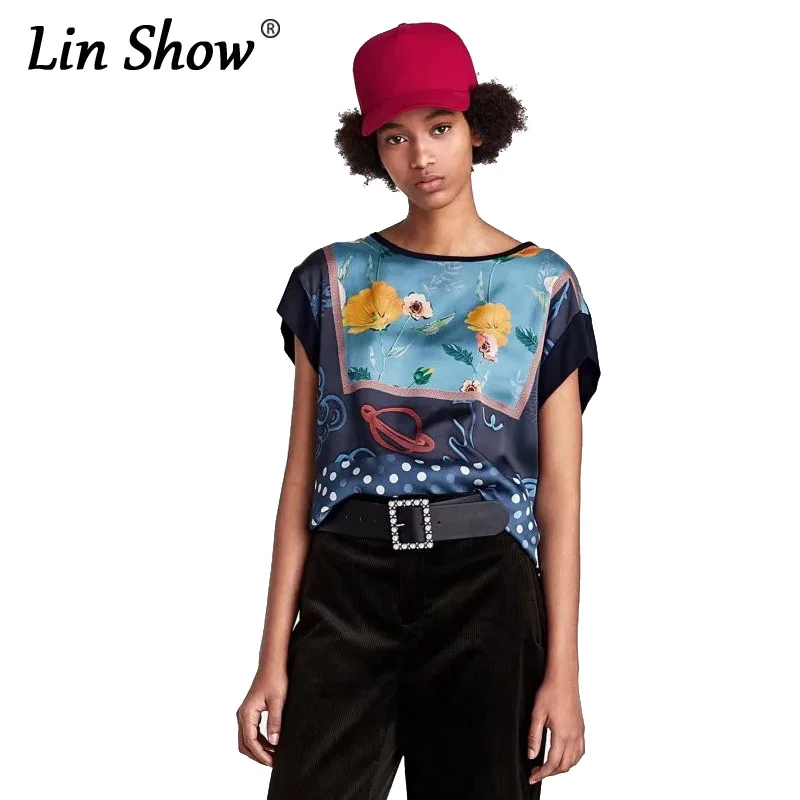 Linshow Лето Принт с цветком женские Футболки для женщин o-образным вырезом шить