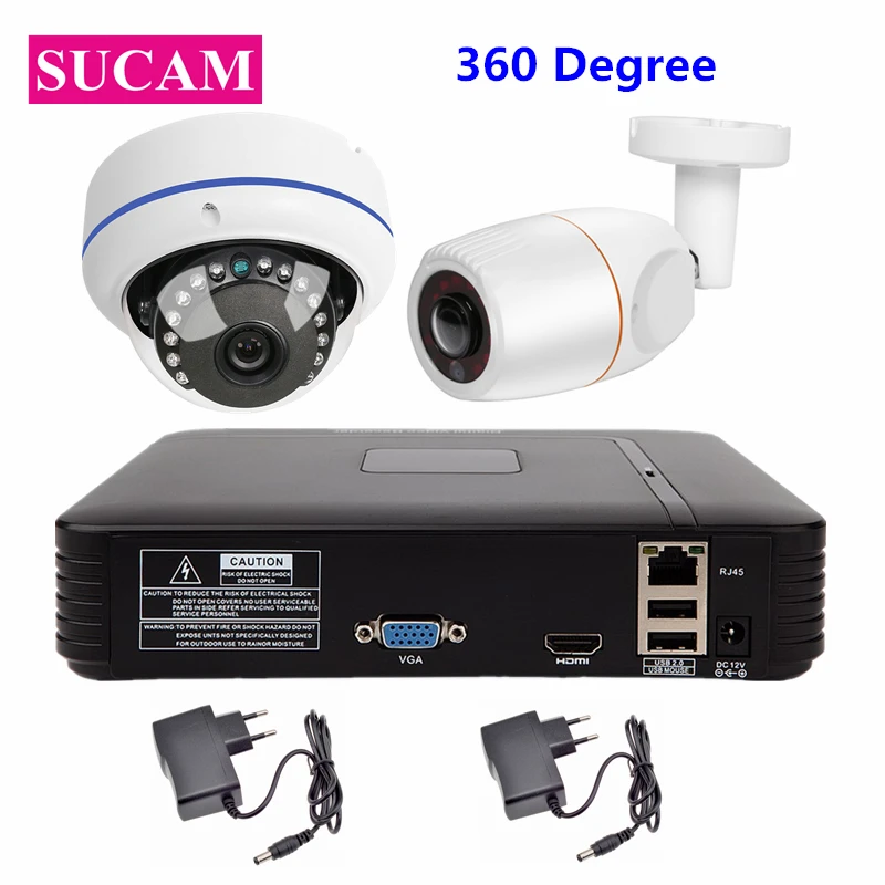 

SUCAM 2Pieces 360 Degrees 2MP IP Camera Kit 4CH H.264 Onvif NVR 1080P Indoor and Outdoor Security Camera with Power Supply