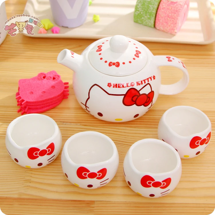 

5pcs ceramics Kitty Teapot Set Mug Coffee Cup Portable Tea Pot Cup Set Kettle Teaset Cup Water Kettle Gift Toys Home Decoration