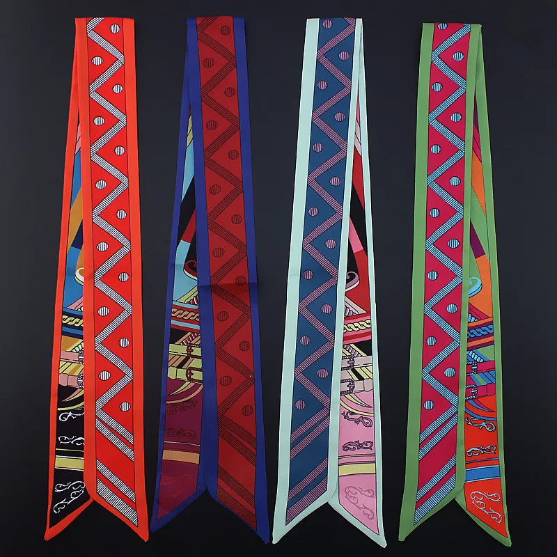 

100*5cm Long Skinny Twill Satin Silk Scarf Geometric Print Scarves For Women Tied Bag Handle Ribbons Fashion Headbands