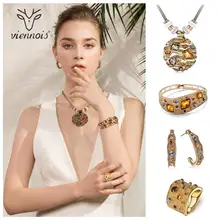 Viennois Кофе Золотой, цветной Кристаллы подвески Цепочки и ожерелья, серьги, кольцо, браслет Ювелирные наборы для Для женщин Роскошные вечерние ювелирные изделия