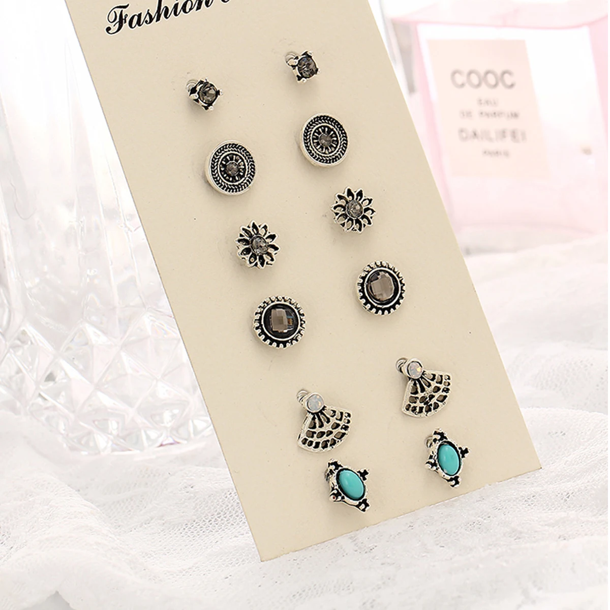 6pairs/ set Vintage Crystal Heart Earrings For Women Stone Beads Ear Cuff Piercing Ears Clips Steampunk Love Party Earring Sets