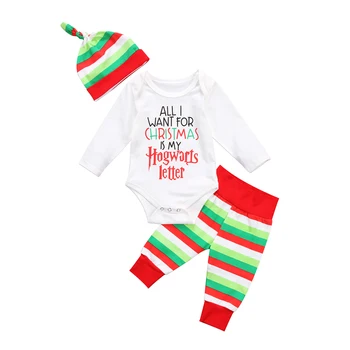 

Striped Letter Infant Baby Boy Girl Christmas Cotton Romper Long Sleeve Jumpsuit+Pants Outfits Set Clothes