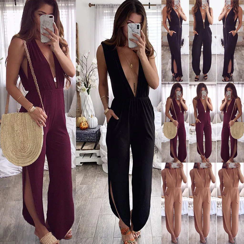 

Women Sleeveless V Neck solid color jumpsuit Pockets Playsuit Jumpsuit Pants Trousers Rompers Trousers combinaison femme#35