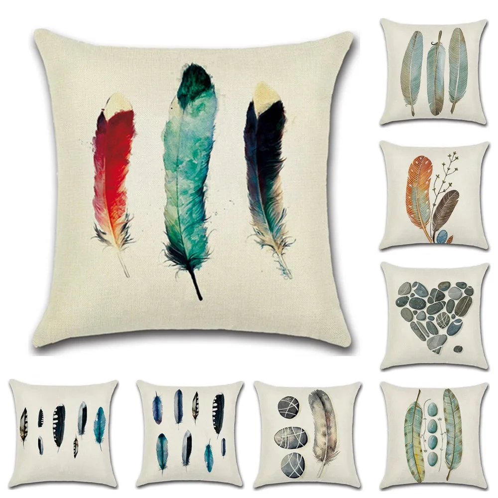 Cartoon Feather Printing Pillow Case Cotton Linen Pillowcase Hand Painted Printed Pillow Covers