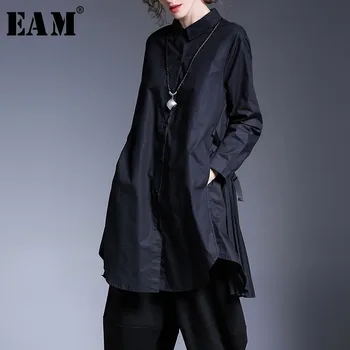 

[EAM] 2020 New AutumnLapel Solid Color Black Pleated Split Joint Irregular Big Size Long Shirt Blouse Women Fashion Tide JD328