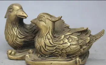 

671115887*++Chinese Folk Brass 2 aix galericulata Bird Mandarin Duck Lovers Statue Sculpture