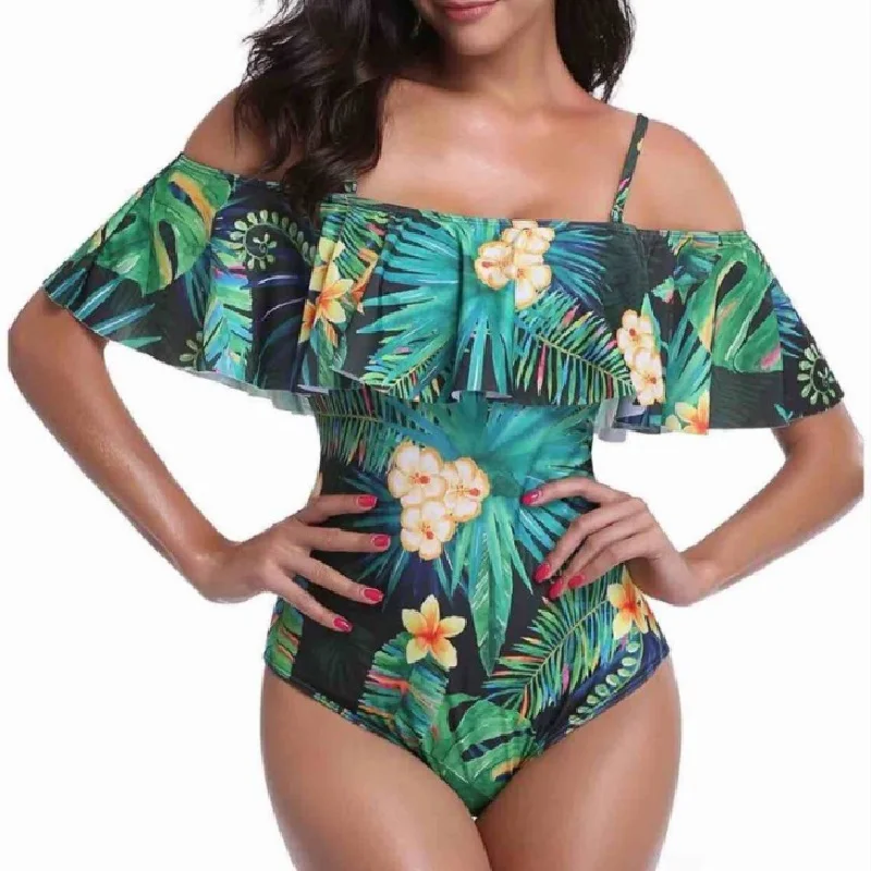 bandeau bikinis one piece swimsuit 2018 women sexy swimwear one shoulder flower beach bathing suit push up halter biquini