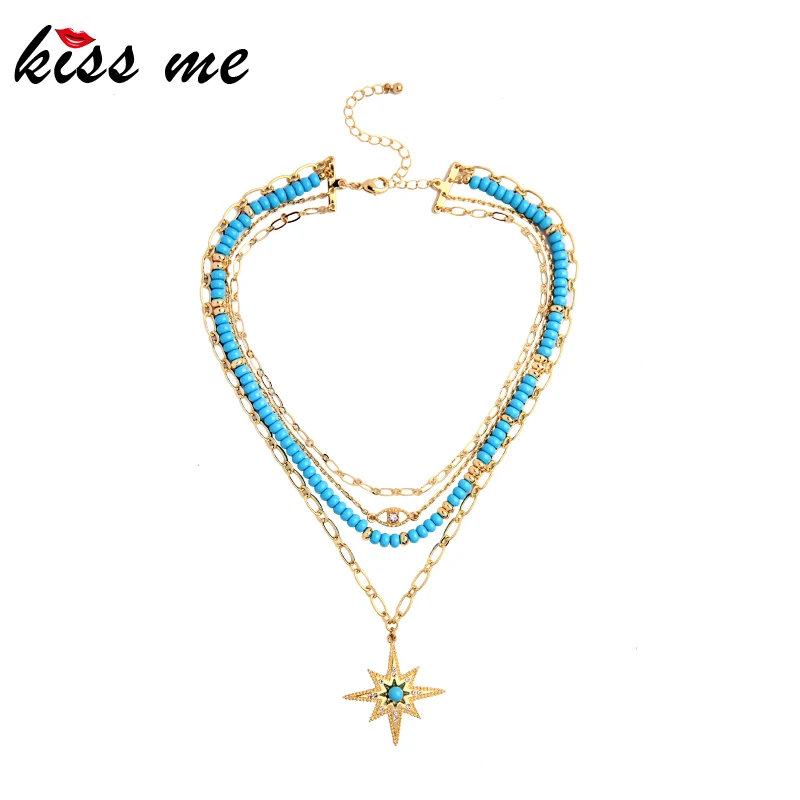 

KISS ME Exquisite Crystal Anise Star Evil Eye Layered Pendant Necklace For Women Gold Color Beads&Link Chains Bohemian Necklace