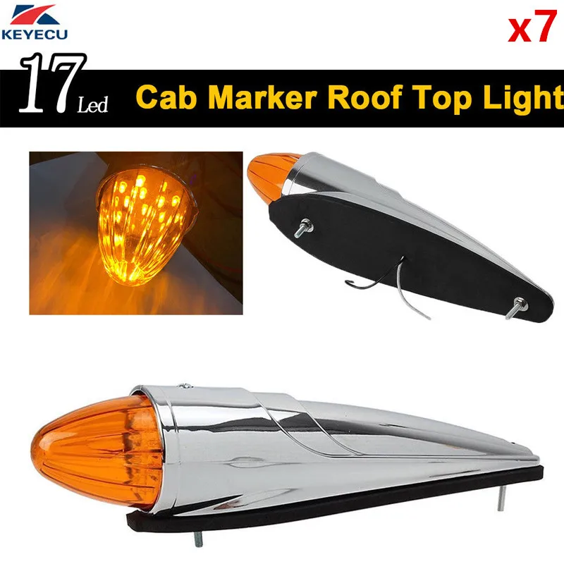 

KEYECU 7 Pack 17LED Cab Roof Light Chrome Cab Marker Clearance Roof Running Top Light Assembly for Heavy Duty Trucks Peterbilt