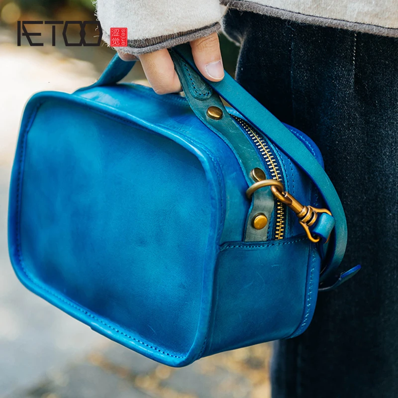 

AETOO Retro literary handmade leather small square bag casual shoulder bag soft small bag hundred crossbody bag