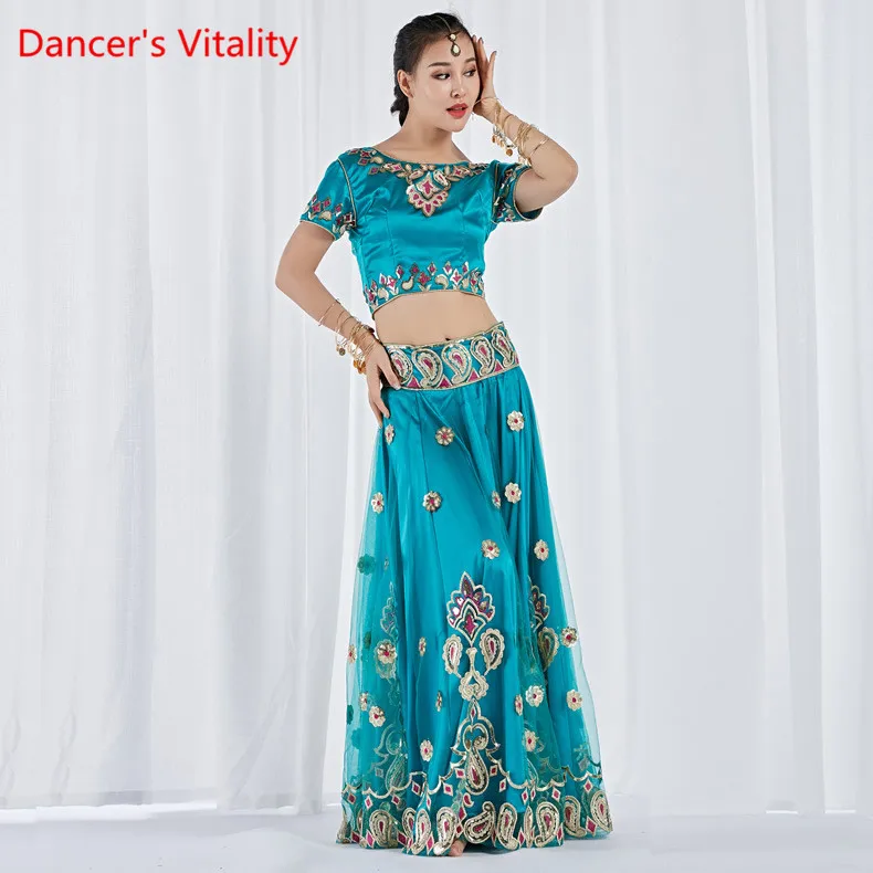 Clothes For Dancing, Stage Costume Belly Dancing Clothes Indian Dance Costume Bollywood 3 Pieces Set(Top, Skirt And Sari