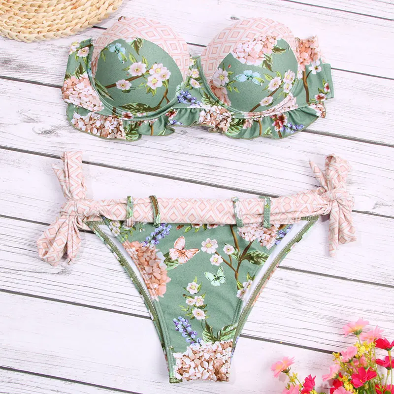 Miyouj Ruffle Bikini Off Shoulder Floral Swimsuit Bandage Bow Swimwear Push Up Biquini Feminino Bathing Suit Women Bikini Set