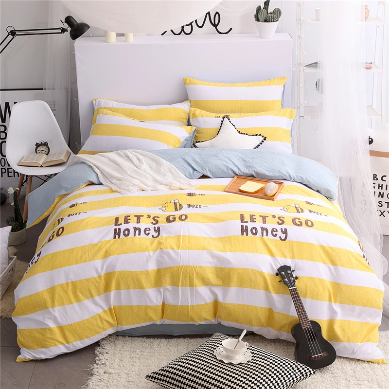 Trendy Yellow White Stripe Pattern Home Textiles Bedclothes 4pc