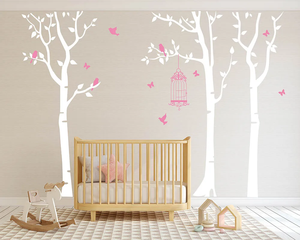 البتولا شجرة الحضانة جدار صائق البتولا شجرة مع الطيور و قفص العصافير الجدار ملصق البتولا شجرة الحضانة ل غرفة الأطفال غرفة 8113 طن