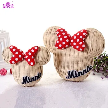 

TZY Handmade Rattan Bag Cartoon Women's Purse Minnie Mouse Lovely Girl Vintage Casual Bucket Straw Beach Shoulder Bag 2019