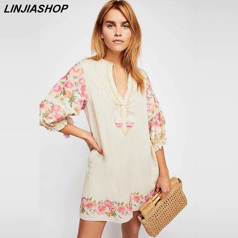 

Flattering vintage embroidery cotton and linen dress women tassels v neck turtleneck loose dress designer style 2019