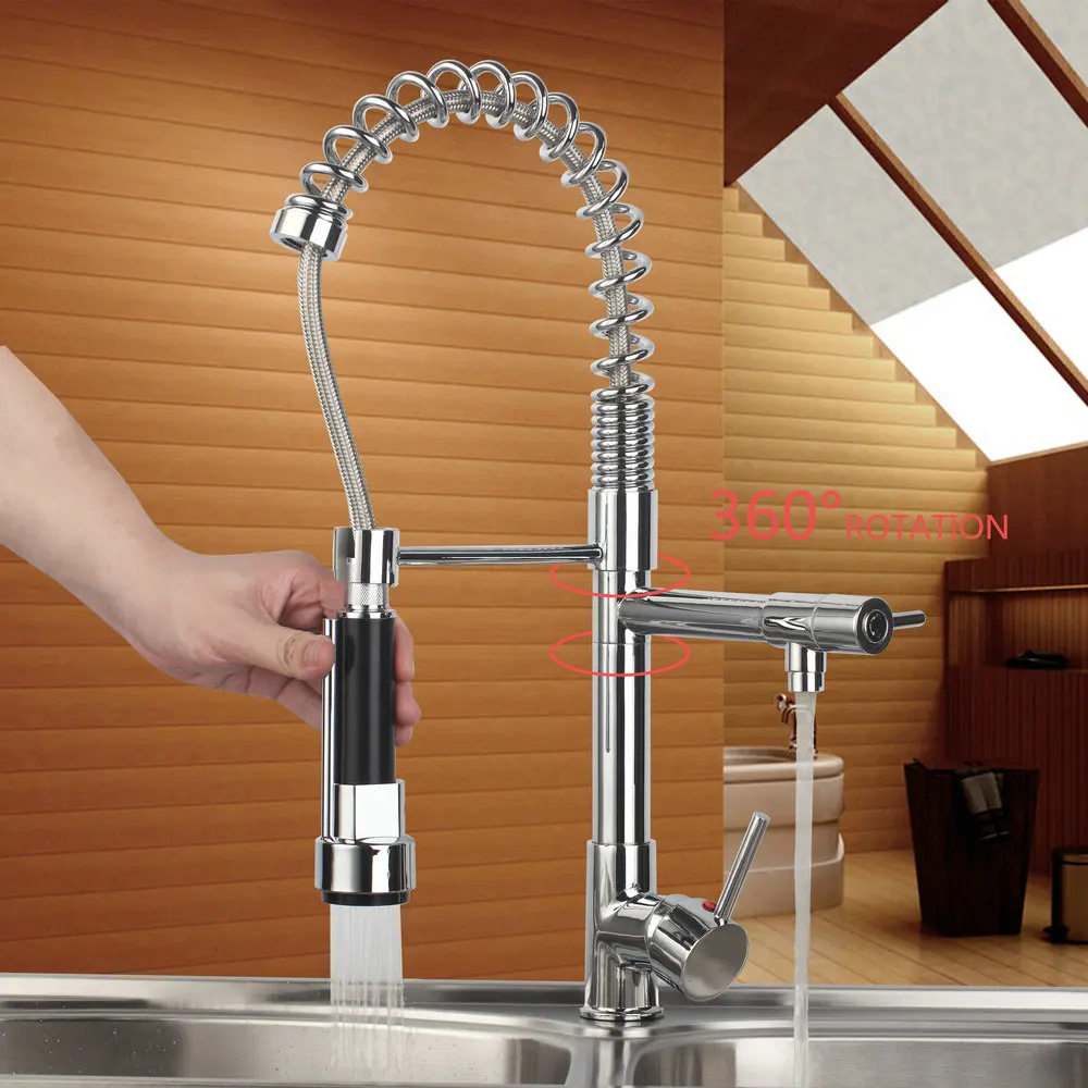 US Chrome Finished Double Spout Deck Mount Flexible Swicel Spout Pull Out DownKitchen Faucets Mixer Sink