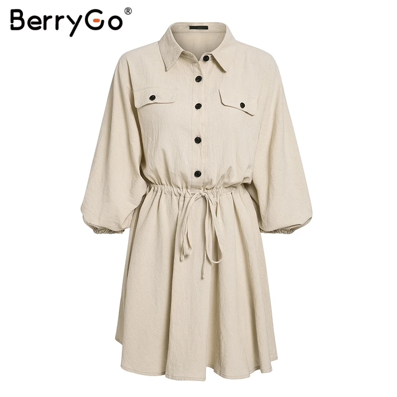 BerryGo льняные платья, женское платье-рубашка, платье с длинным рукавом, элегантное женское платье на пуговицах, vestidos, винтажные летние мини платья, повседневные - Цвет: Хаки