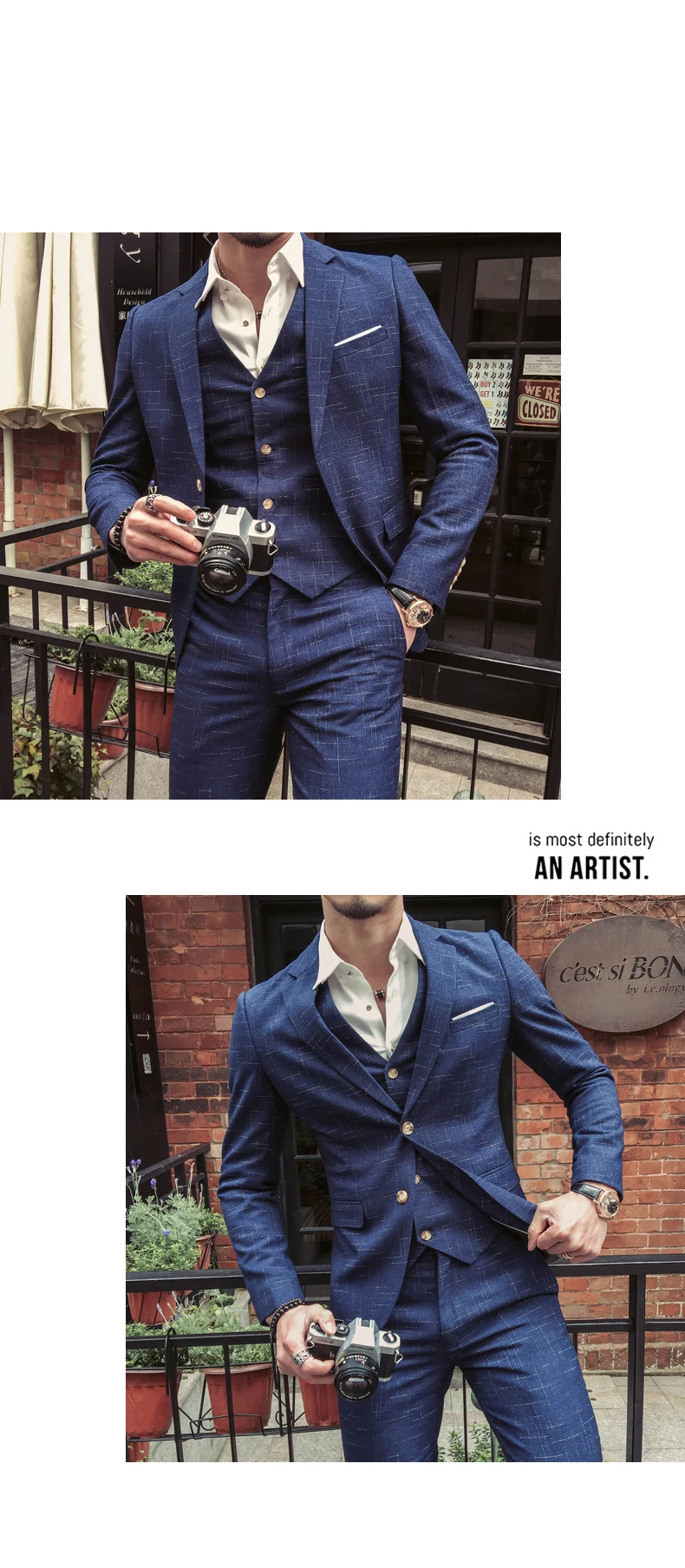 Пиджак+ жилет+ брюки) модный бутик мужской клетчатый деловой костюм комплект из 3 предметов/мужские высококачественные повседневные Костюмы