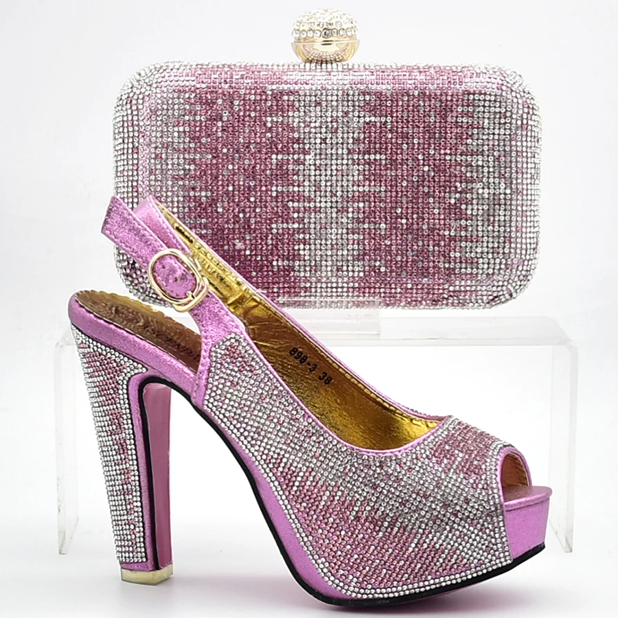 

Purple Color Italian Ladies Shoes and Bag Set Decorated with Rhinestone Nigerian Party Shoes and Bag Set High Quality Women Shoe