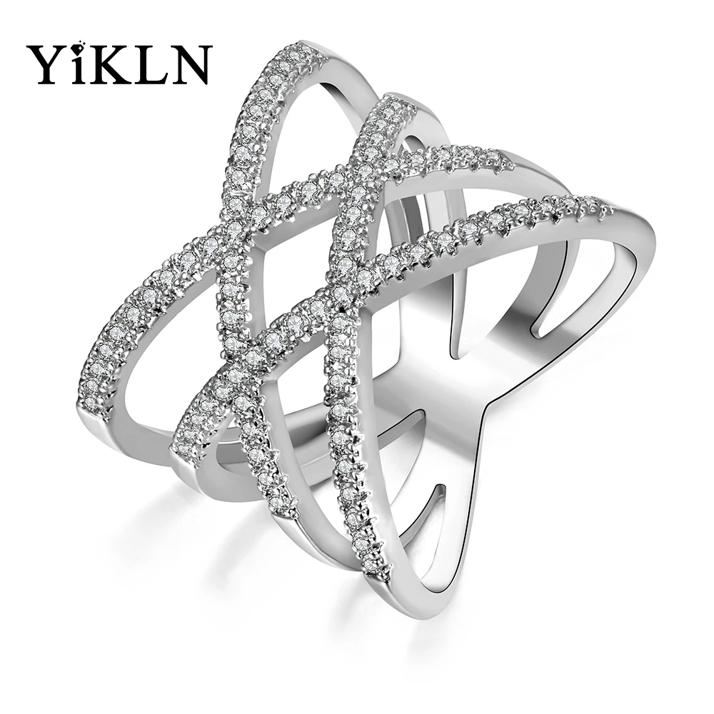 

YiKLN Original Design Double Cross X Shape Women Rings Cubic Zirconia Micro Paved Silver Color Ring Christmas Gifts R171340373