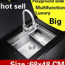 Квартира высокого качества кухня ручная раковина одинарная мойка скользящая доска 304 нержавеющая сталь большая Горячая 68x48 см