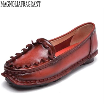 

2018 new women genuine leather shoes woman Hand-sewn leather flats cowhide flexible spring boat shoes women loafer z72