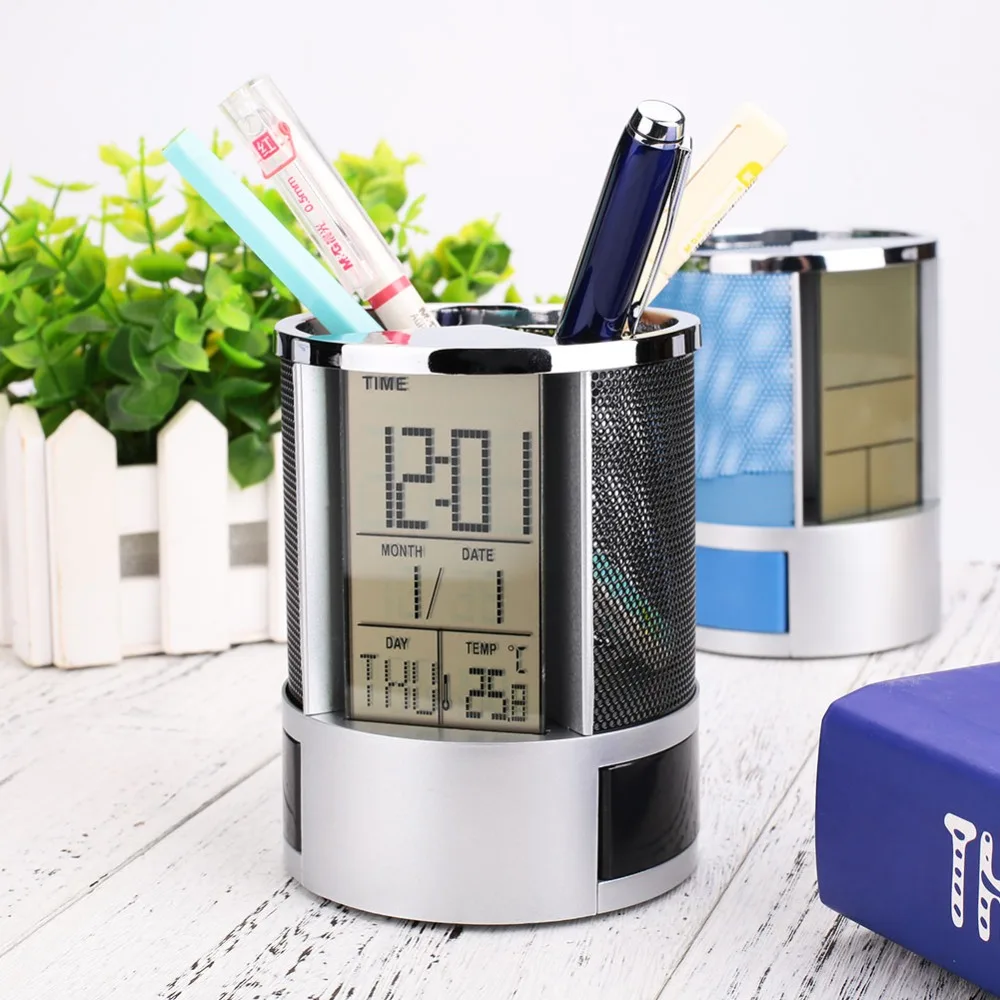 

Cobee Multifunctional Office Digital LCD Desk Mesh Pen Pencil Holder Calendar with Clock Time Date Temp for Gift