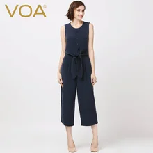 VOA Лето синий тяжелый Шелковый комбинезон прямого силуэта Англия женские широкие брюки K5871