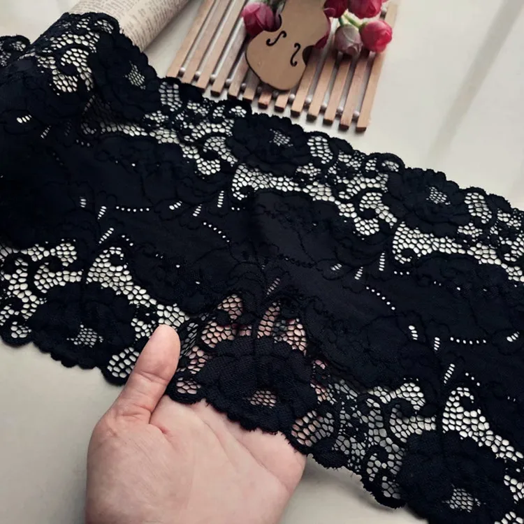 

Lace Trim 5 Meters Stretchy Elastic Black Lace Fabric Ribbon Bra Underwear glove Clothing Decorative 20cm 7.87" Wide M34C77