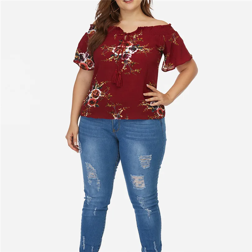 New Fashion Women Summer Casual Daily Plus Size Slash Neck Off Shoulder Floral Print Tassel Ribbons Top #4F05 (7)