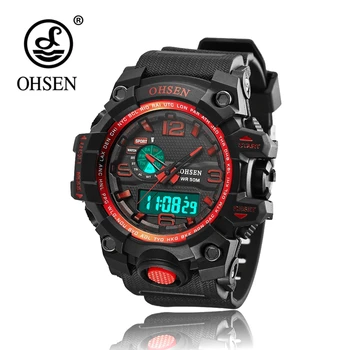 

Top Sale Cool OHSEN Digital Sport Watch Mens Man Quartz 50M Dive Wristwatch Rubber Strap Waterproof LCD Male Red Hand Clock Gift