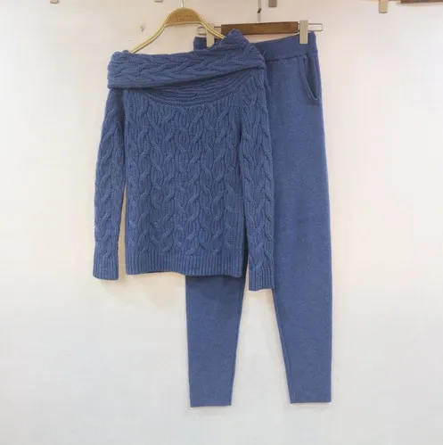 

Tracksuits 2018 Winter New Women's Wool Suit Word Slash Neck New Fashion Cashmere Sweater + Trousers Casual Two Sets Of Women