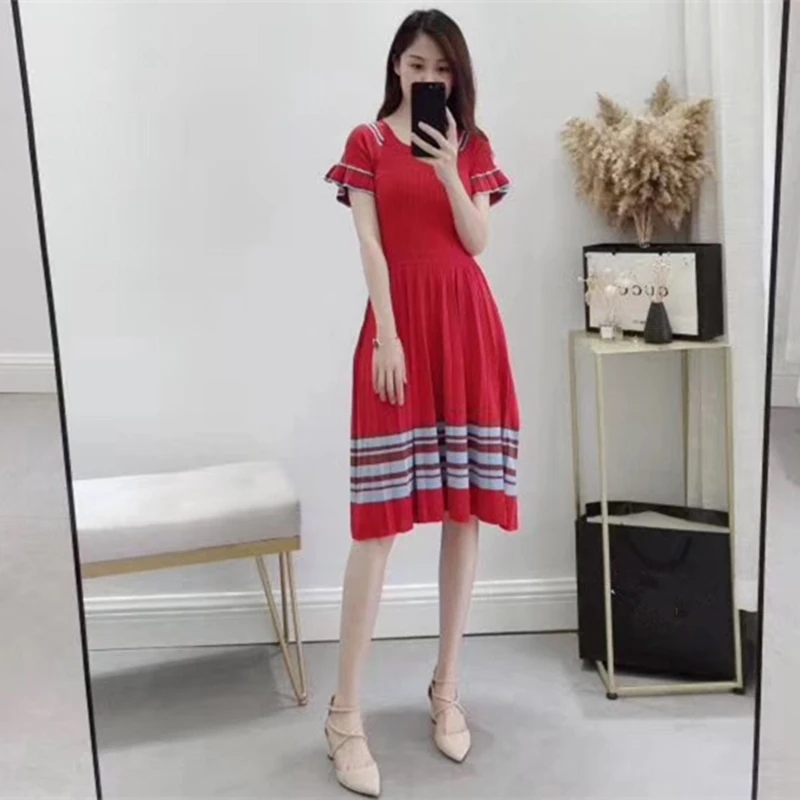 

Tunjuefs Color Block Striped Hollow Out Knitted Dress Women Robe Elegant Ruffle Vestido Summer Runway Slim Pullovers Office Lady