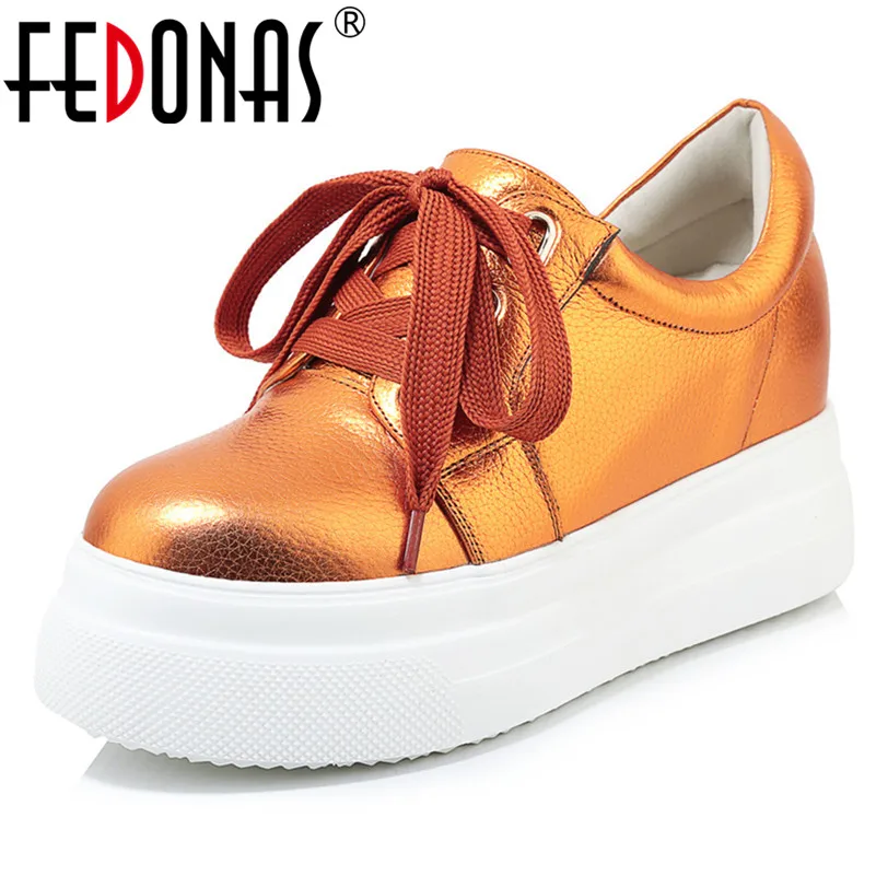 

FEDONAS Spring Summer New Round Toe Lace Up Platforms Women Pumps Classic Height Increasing Genuine Leather Single Shoes Woman