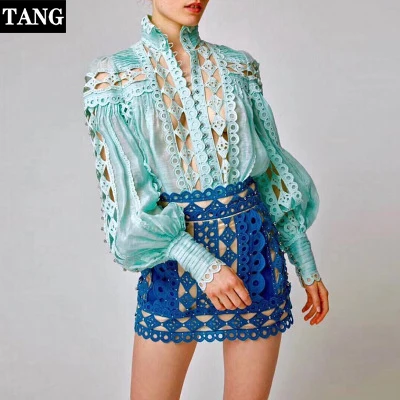تانغ 2019 جديد أزياء النساء قمصان بيضاء طويلة Batwing كم الشيفون البلوزات الربيع الخريف الدانتيل أنيقة حك الأعلى