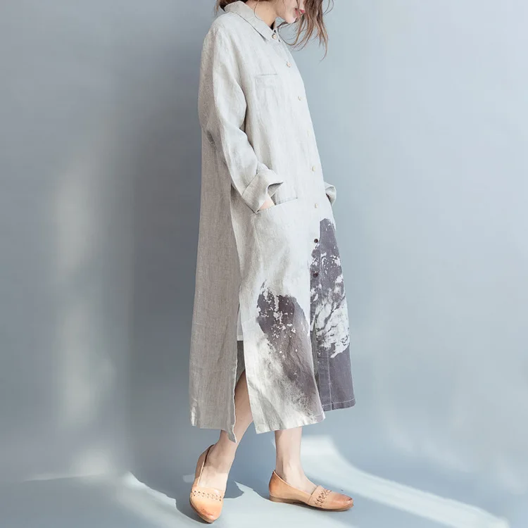 LZJN Vintage Painting Style Summer Long Dress Long Sleeve Shirt Woman Lady Loose Big Size Casual Fashion Button Down Shirt Dress (12)