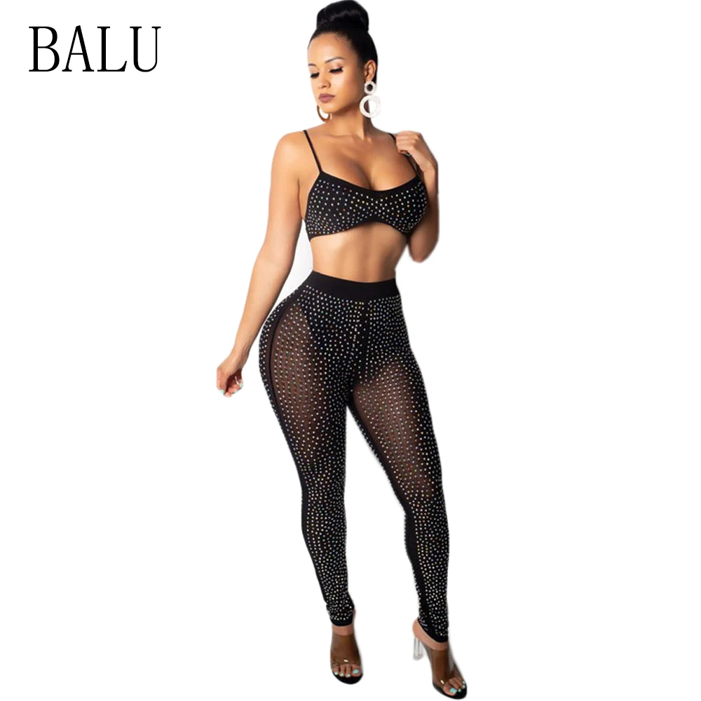BALU 2 Piece Set Spaghetti Strap Mesh Rompers Womens Jumpsuit Sexy Rhinestone See Trough Sleeveless Backless Overalls