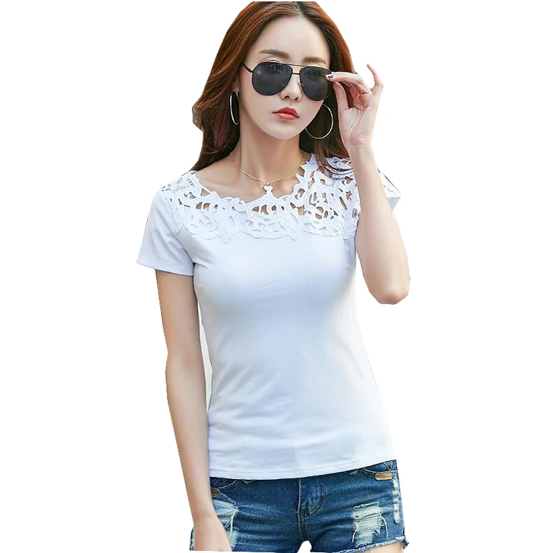 High Quality Summer Women T shirts Black White Pink Women Lace 100% Cotton Patchwork Casual Tops Short Sleeve Tee Shirt Femme