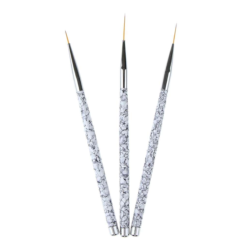 3Pcs Nail Art Liner Brush Pen Set (11/15/20mm) Marble Pattern Handle Salon Nail Fine Drawing Flower Painting Brushes