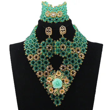 

2017 New Teal Green/Gold Women Wedding Jewelry Set African Ticket for Women Wedding Dress Bridal Accessories Set Free Ship HX614