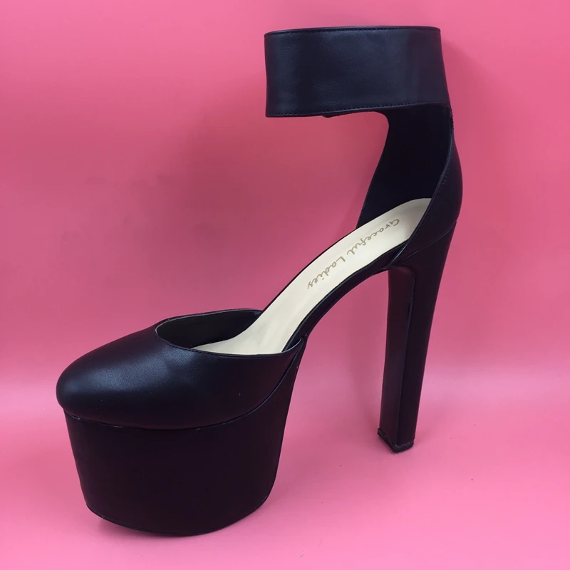 Black Faux Leather Women Pumps Ankle Strap Stilettos High Heel Thick Platform Shoes Women Pumps Round Toe 18cm Heels Size 13