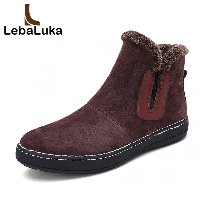 

LebaLuka Fashion Cow Suede Men Boots Winter Keeping Warm Men Snow Boots Side Zipper Furry Flats Men Ankle Boots Size 38-44