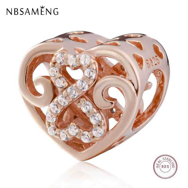 

NBSAMENG 100% 925 Sterling Sliver Bead Rose Gold Infinity Heart Shape Charm Beads with Zirconia Fit Pandora DIY Bracelet Jewelry