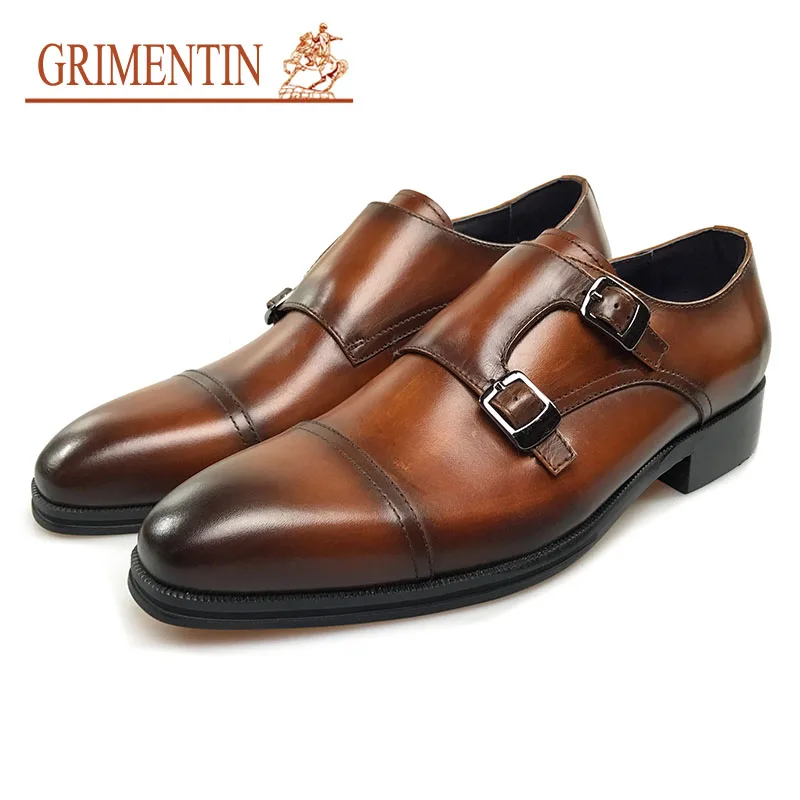 GRIMENTIN genuine men leather shoes brown high quality Italian double