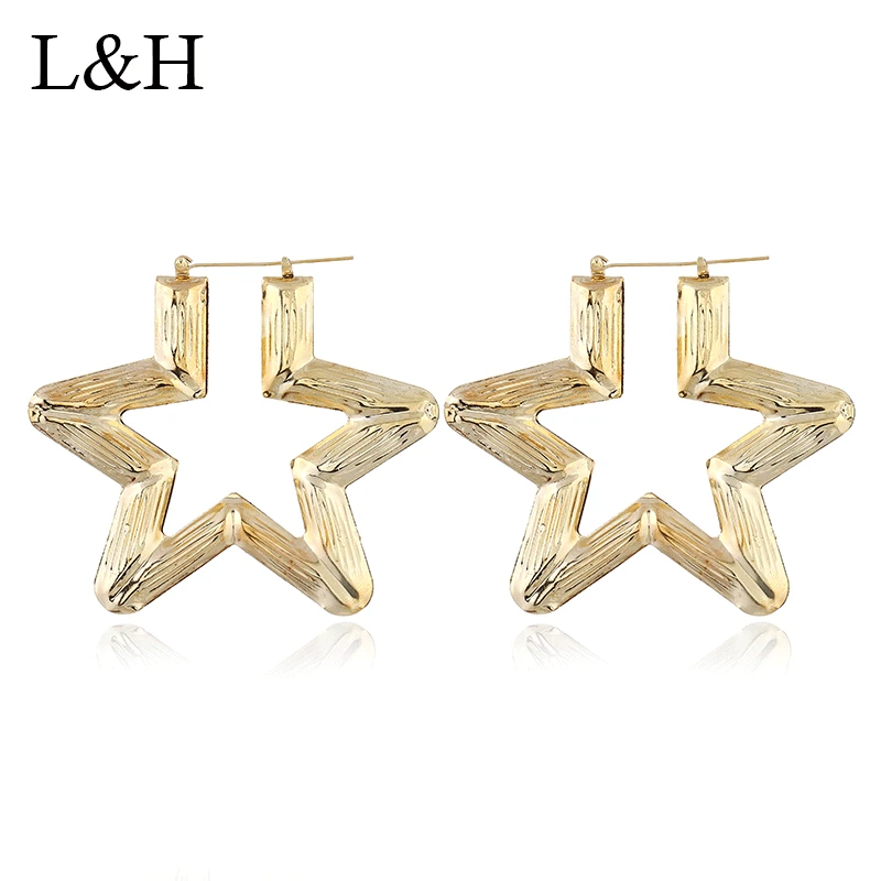 

L&H Fashion Exaggerated Statement Gold Silver Color Pentagram Hoop Earrings Punk Style Star Shape Earrings For Women Jewelry