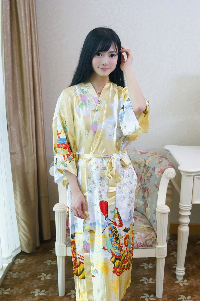 Long Style full,sleeve Sexy women\u0027s Summer Bathrobes Free Shipping Floral Printed Yellow Robe Femme