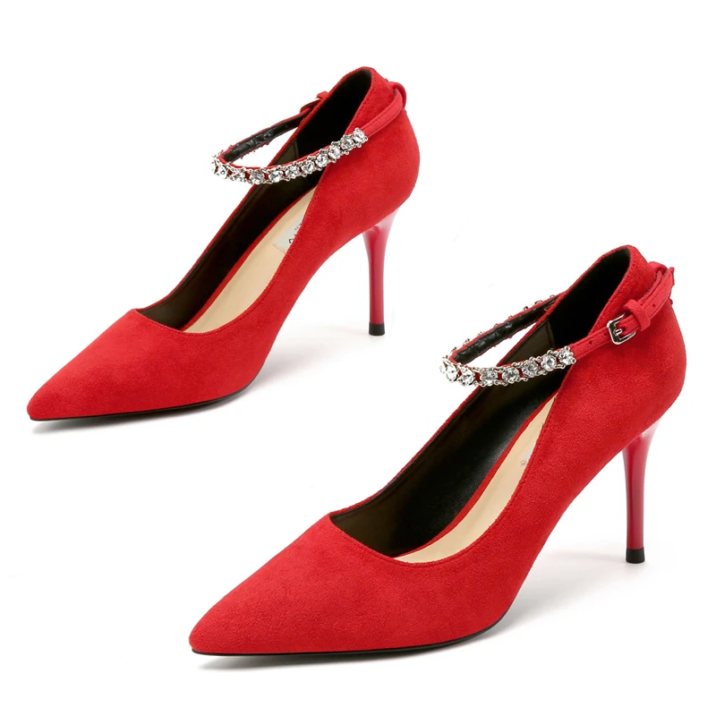 

Dropshipping Spring Autumn Cow Suede Leather Ankle Strap Rhinestone Pumps High Heel Pointed Toe Slip On Formal Dress Shoes F0023